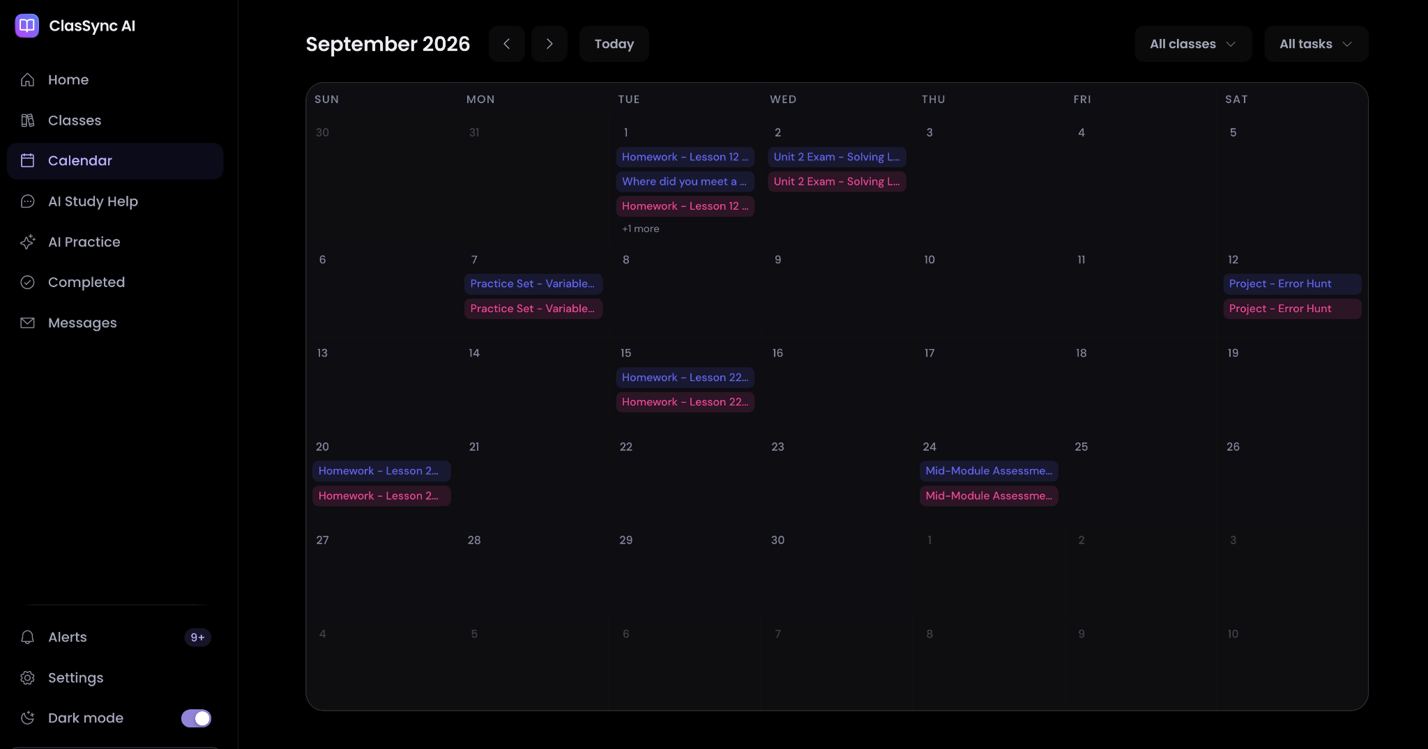 ClasSync monthly calendar with course assignments, exams, and project dates.